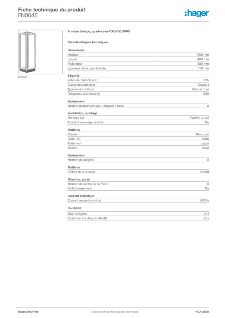 Image Hager Fiche technique du produit FN004E | Hager Belgique