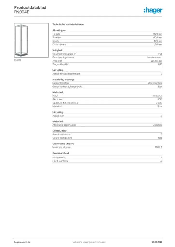 Afbeelding Hager Productdatablad FN004E | Hager Belgium