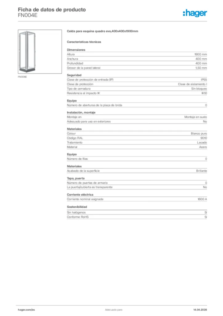 Imagen Hager Ficha de datos de producto FN004E | Hager España