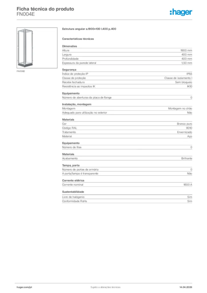 Imagem Hager Ficha técnica do produto FN004E | Hager Portugal