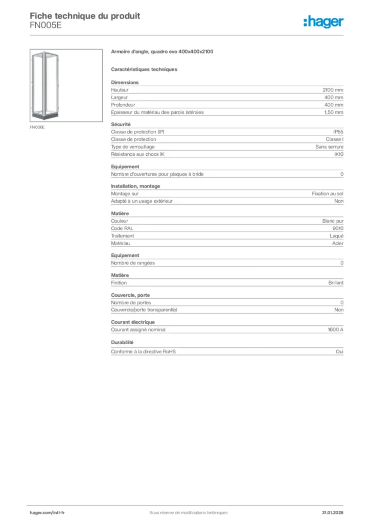 Image Hager Fiche technique du produit FN005E | Hager Afrique
