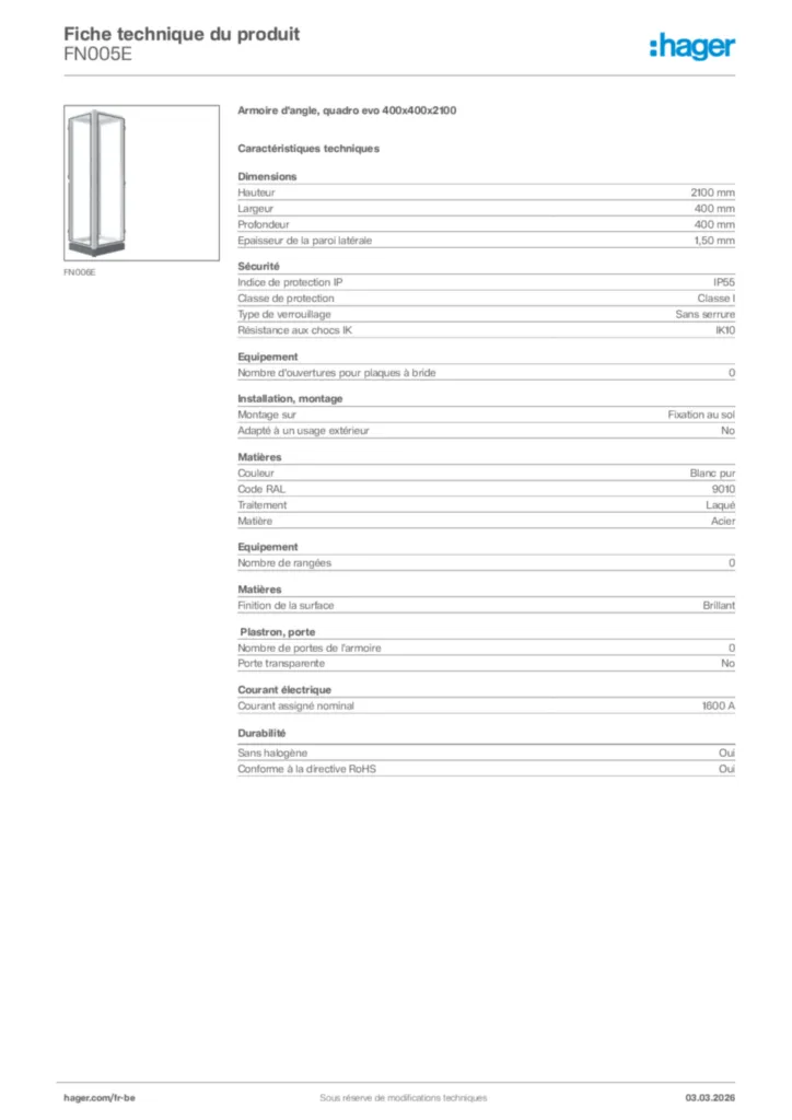 Image Hager Fiche technique du produit FN005E | Hager Belgique