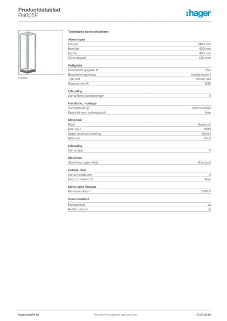 Afbeelding Hager Productdatablad FN005E | Hager Belgium