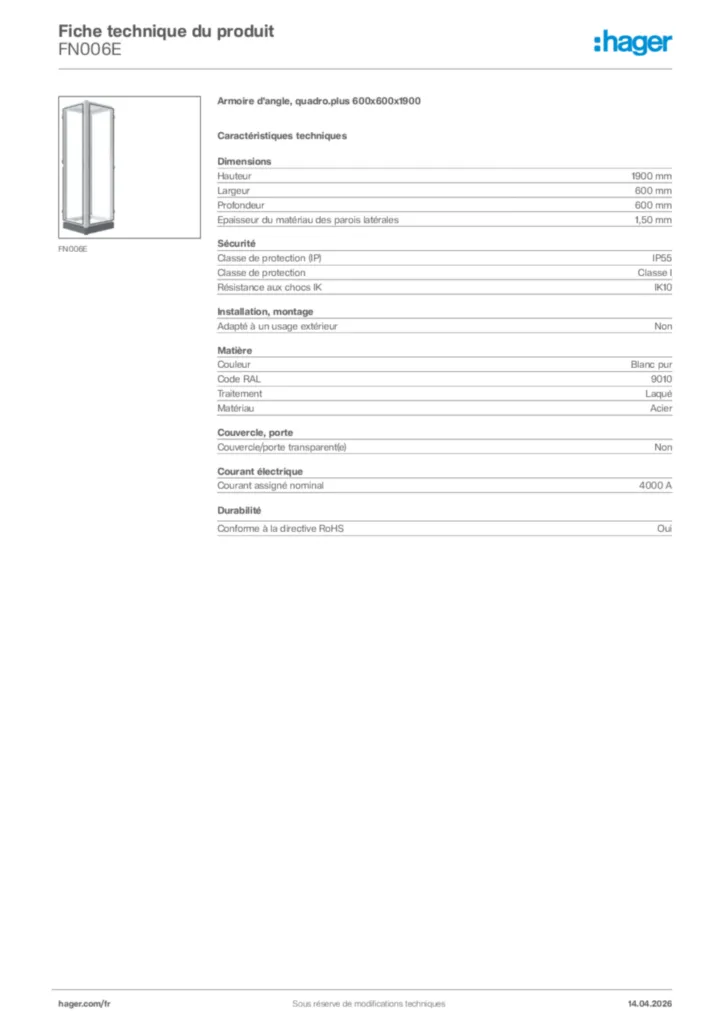 Image Hager Fiche technique du produit FN006E | Hager France