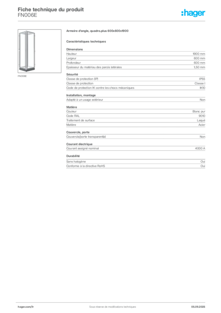 Image Hager Fiche technique du produit FN006E | Hager France