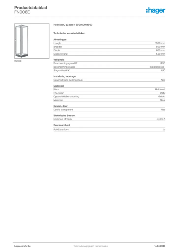Afbeelding Hager Productdatablad FN006E | Hager Belgium