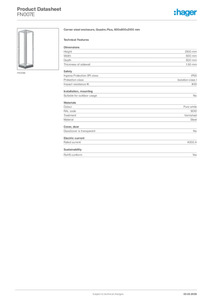 Image Hager Product data sheet FN007E  | Hager Africa