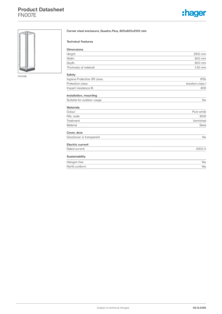 Image Hager Product data sheet FN007E  | Hager Africa