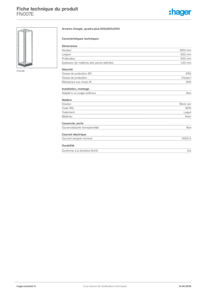 Image Hager Fiche technique du produit FN007E | Hager Afrique
