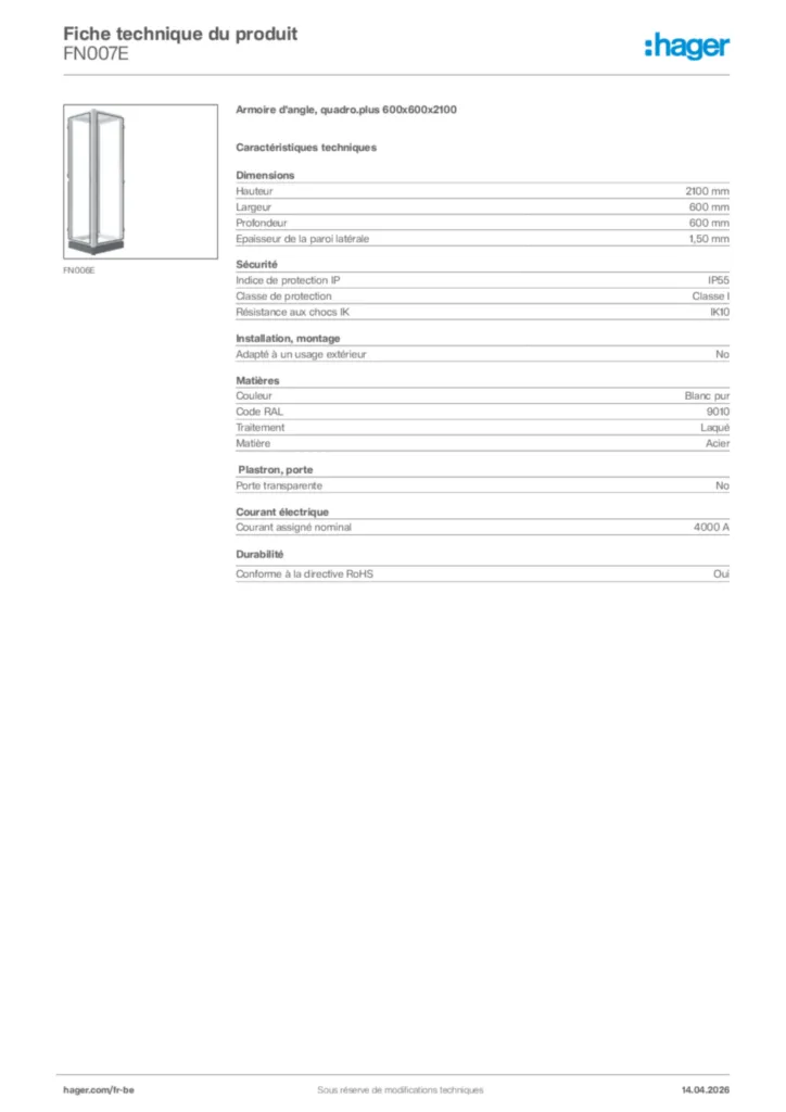 Image Hager Fiche technique du produit FN007E | Hager Belgique