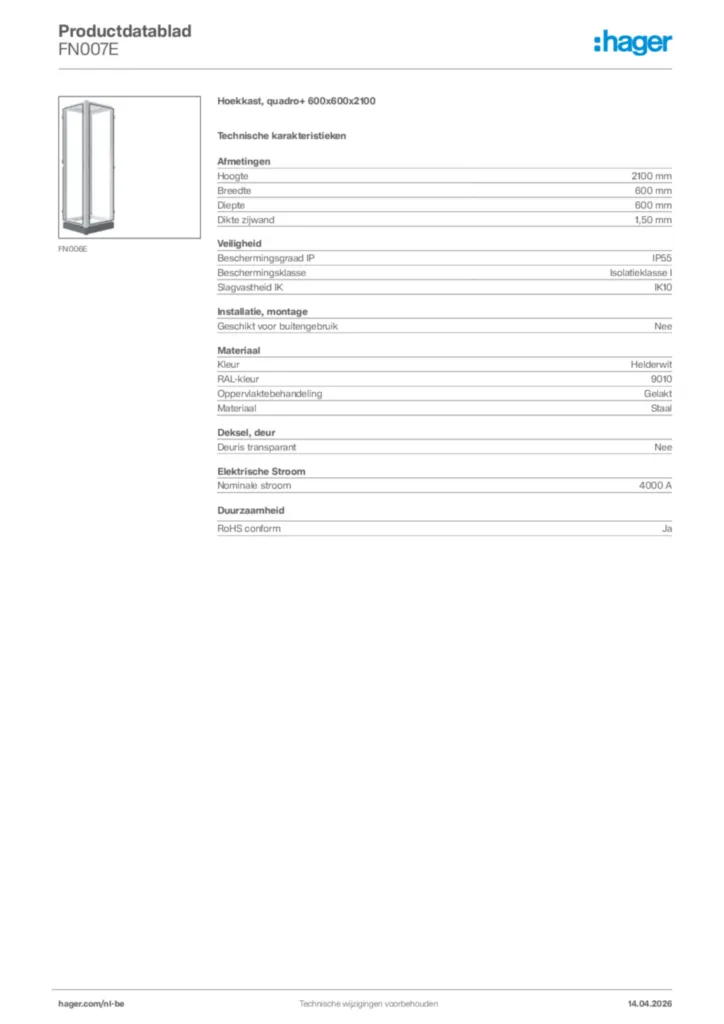 Afbeelding Hager Productdatablad FN007E | Hager Belgium