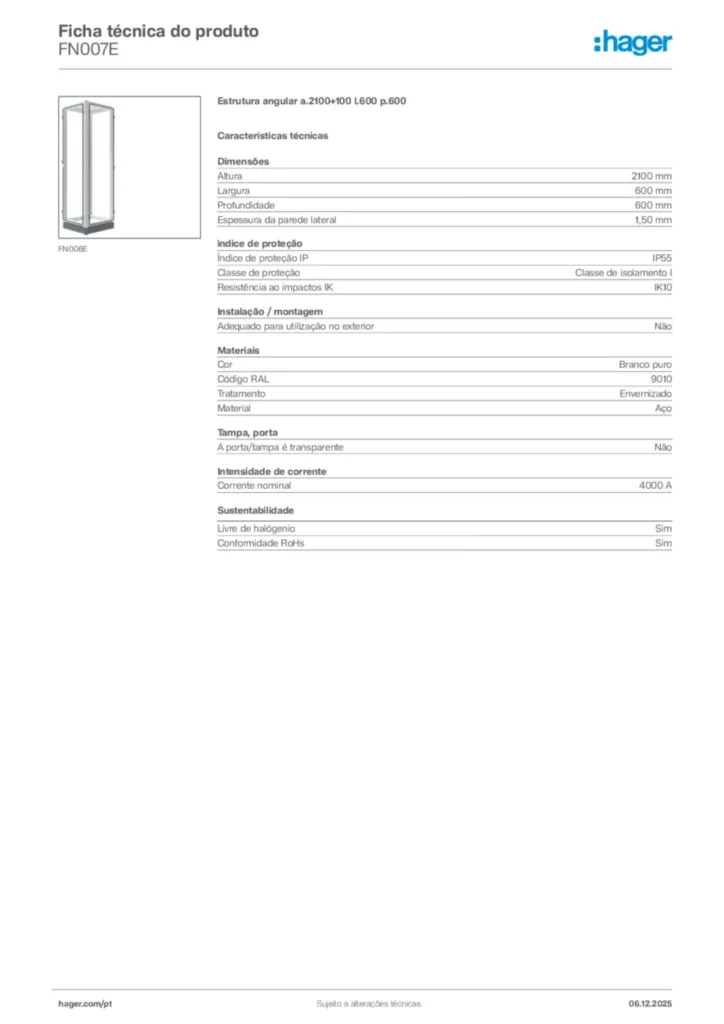 Imagem Hager Ficha técnica do produto FN007E | Hager Portugal