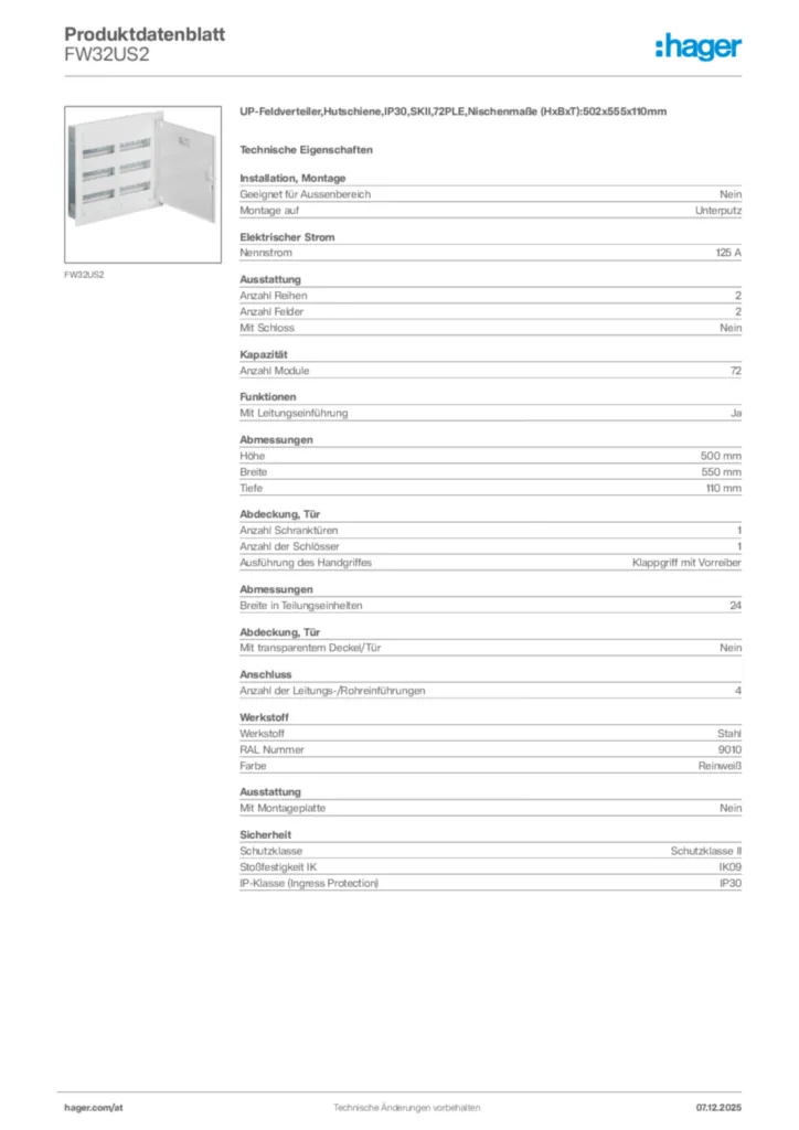 Bild Hager Produktdatenblatt FW32US2 | Hager Deutschland