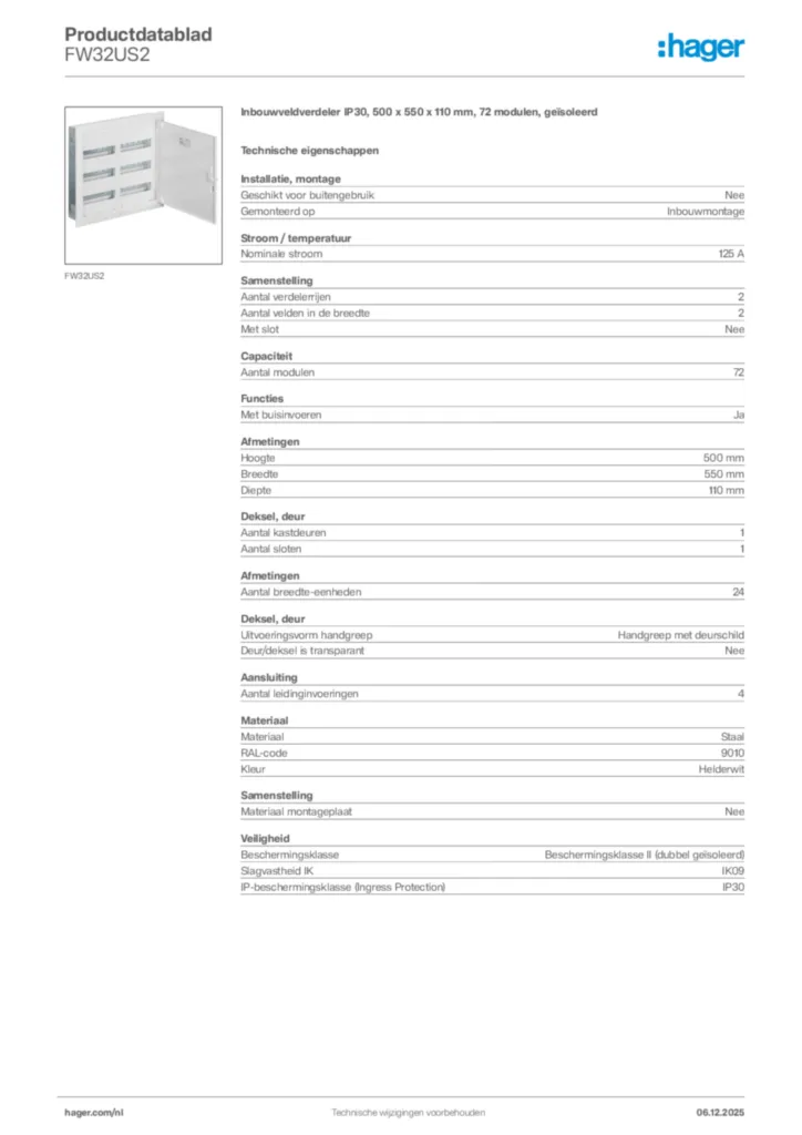 Afbeelding Hager Productdatablad FW32US2 | Hager Nederland