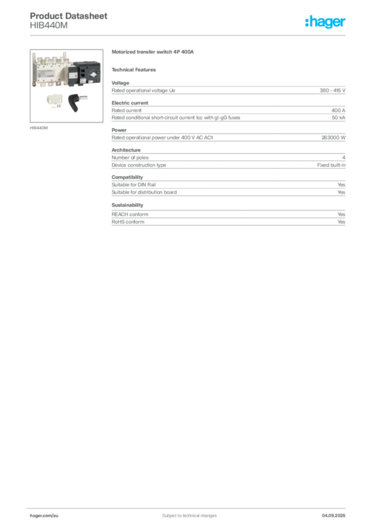 Image Hager Product data sheet HIB440M  | Hager Australia