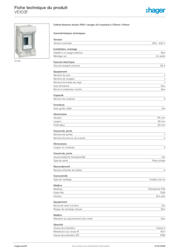 Image Hager Fiche technique du produit VE103F | Hager France