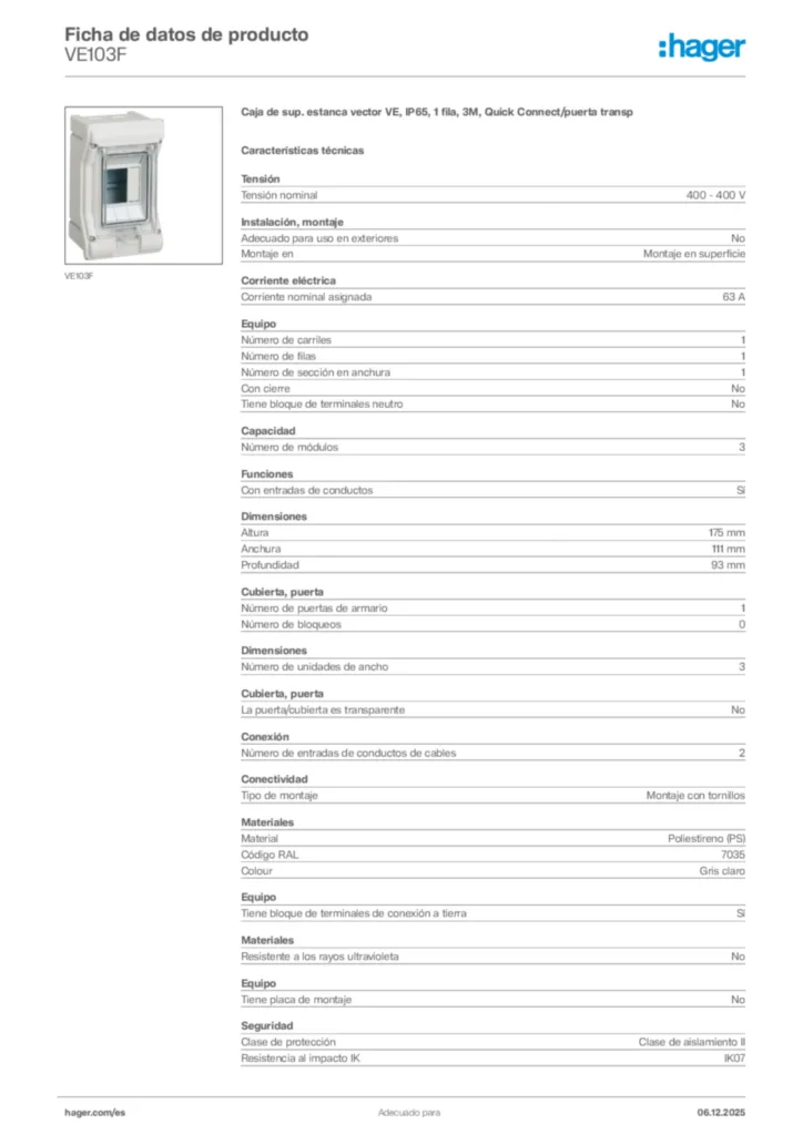 Imagen Hager Ficha de datos de producto VE103F | Hager España