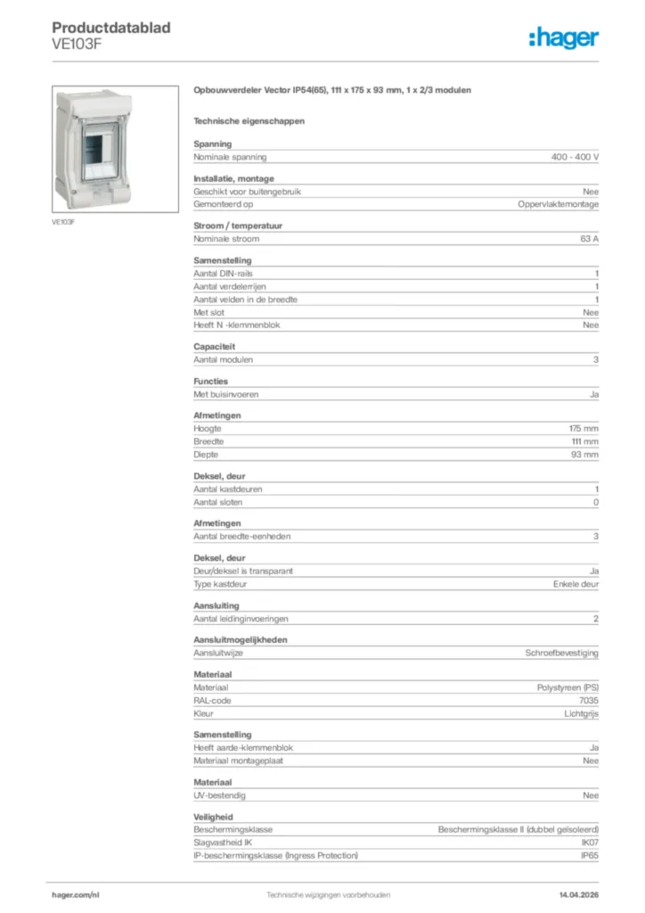Afbeelding Hager Productdatablad VE103F | Hager Nederland