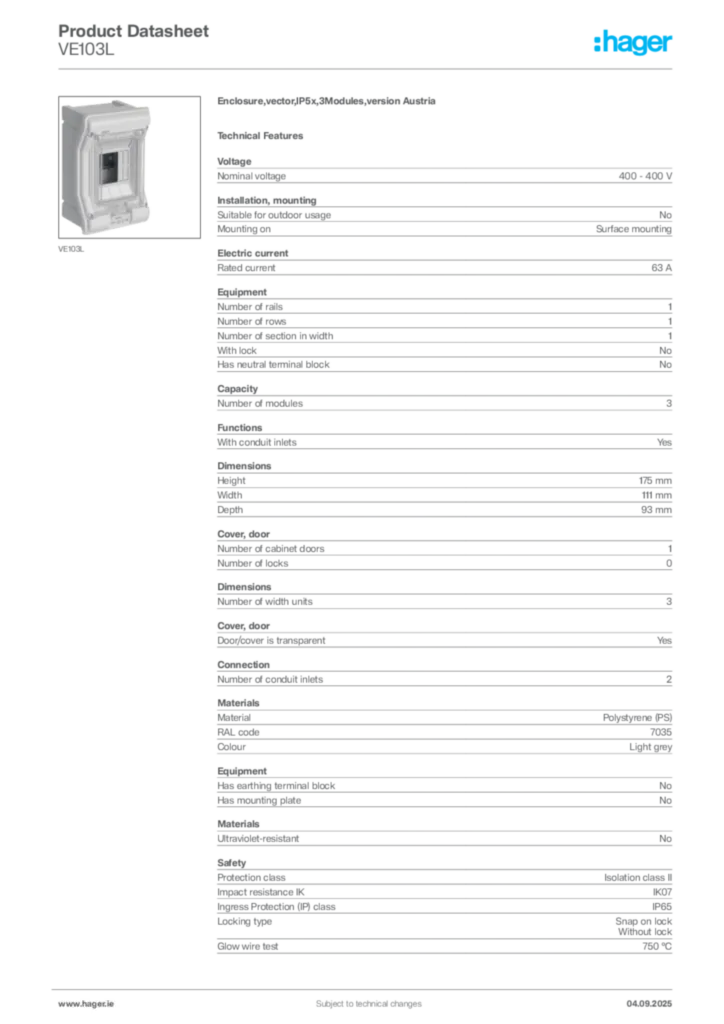 Image Hager Product data sheet VE103L  | Hager