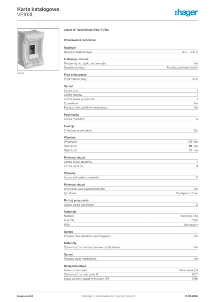 Zdjęcie Hager Karta katalogowa VE103L | Hager Polska
