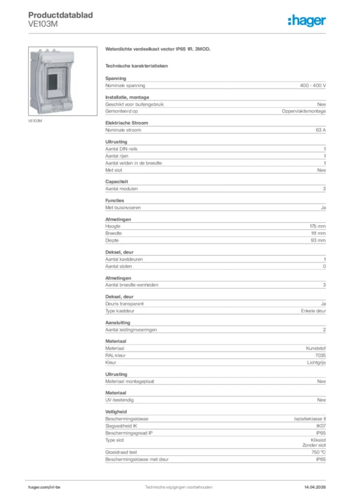 Afbeelding Hager Productdatablad VE103M | Hager Belgium