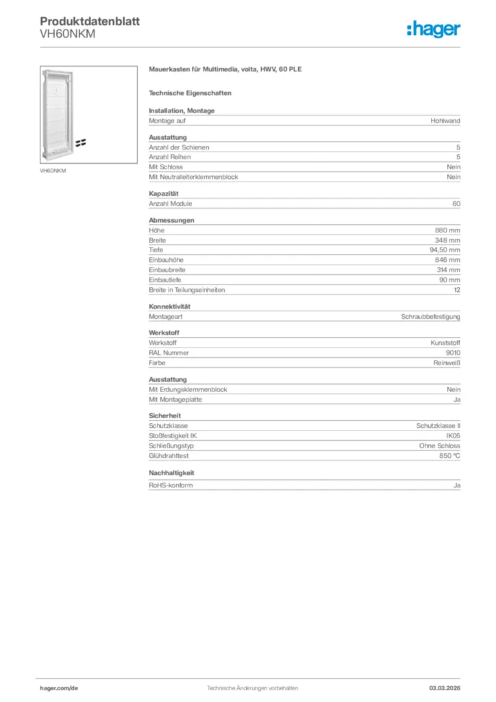 Bild Hager Produktdatenblatt VH60NKM | Hager Deutschland