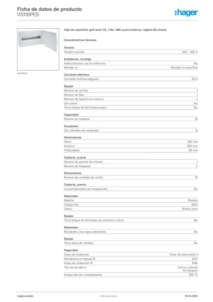 Imagen Hager Ficha de datos de producto VS118PES | Hager España