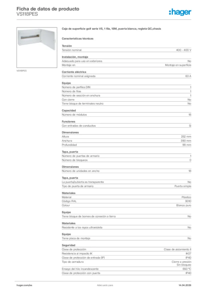 Imagen Hager Ficha de datos de producto VS118PES | Hager España