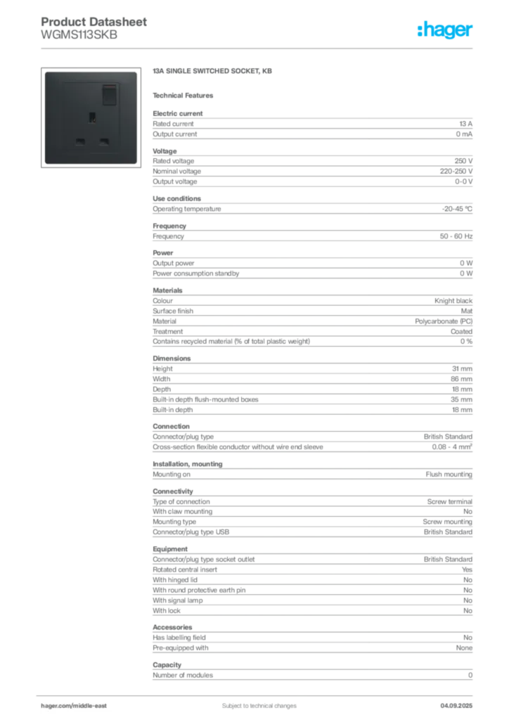 Image Hager Product data sheet WGMS113SKB  | Hager