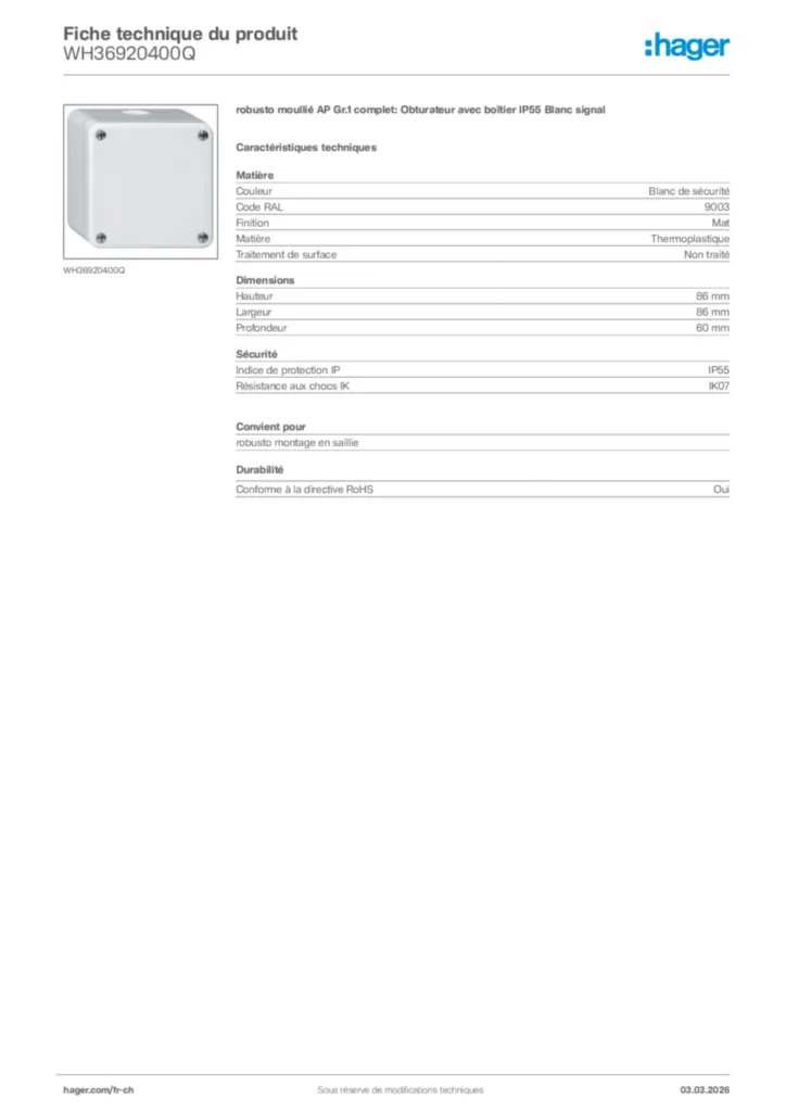 Image Hager Fiche technique du produit WH36920400Q | Hager Suisse