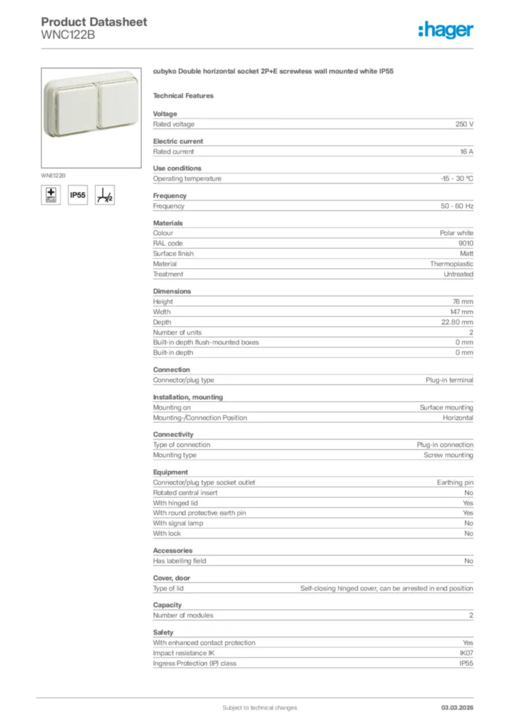 Image Hager Product data sheet WNC122B  | Hager Africa