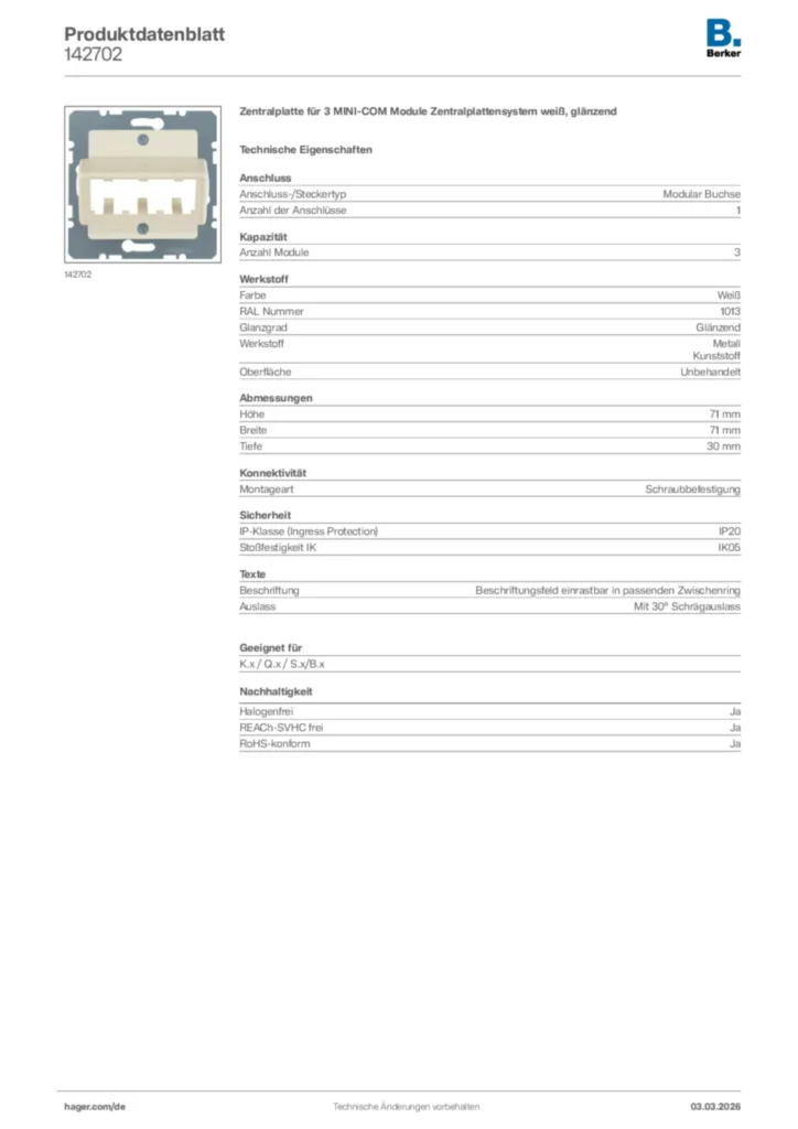 Bild Berker Produktdatenblatt 142702 | Hager Deutschland