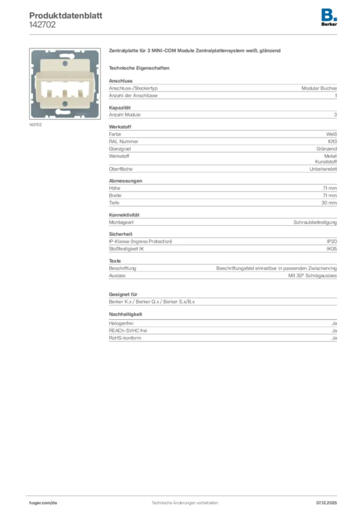Bild Berker Produktdatenblatt 142702 | Hager Deutschland