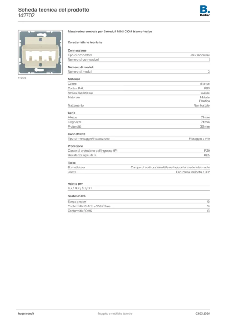 Immagine Berker Scheda tecnica del prodotto 142702 | Hager Italia