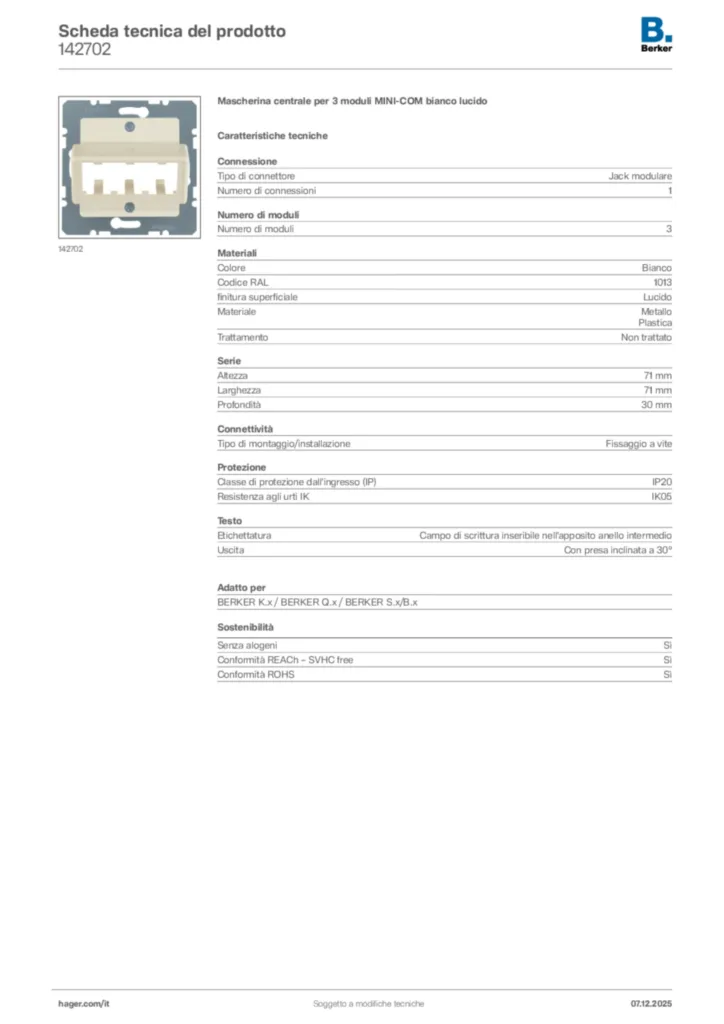 Immagine Berker Scheda tecnica del prodotto 142702 | Hager Italia