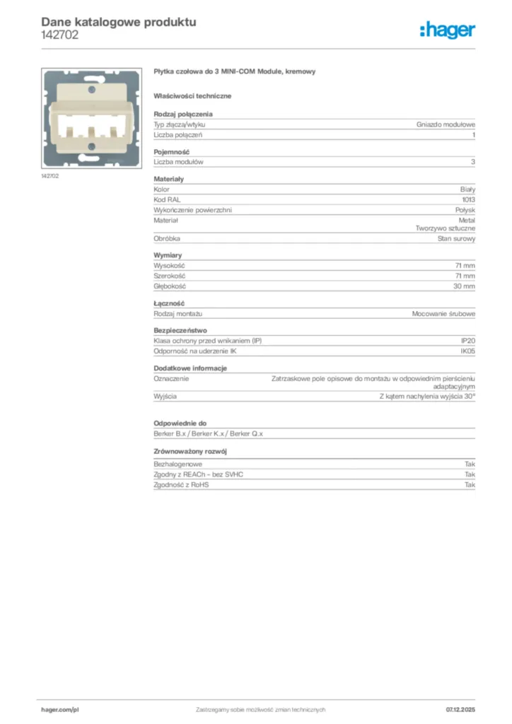 Zdjęcie Hager Karta katalogowa 142702 | Hager Polska