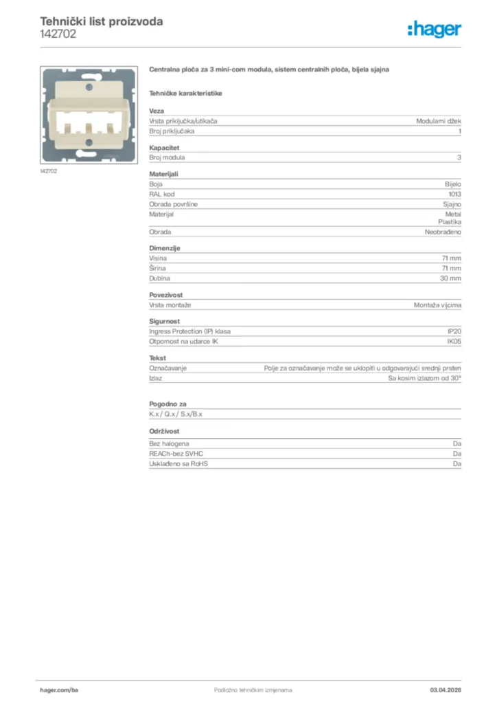 Slika Hager Tehnički list proizvoda 142702  | Hager