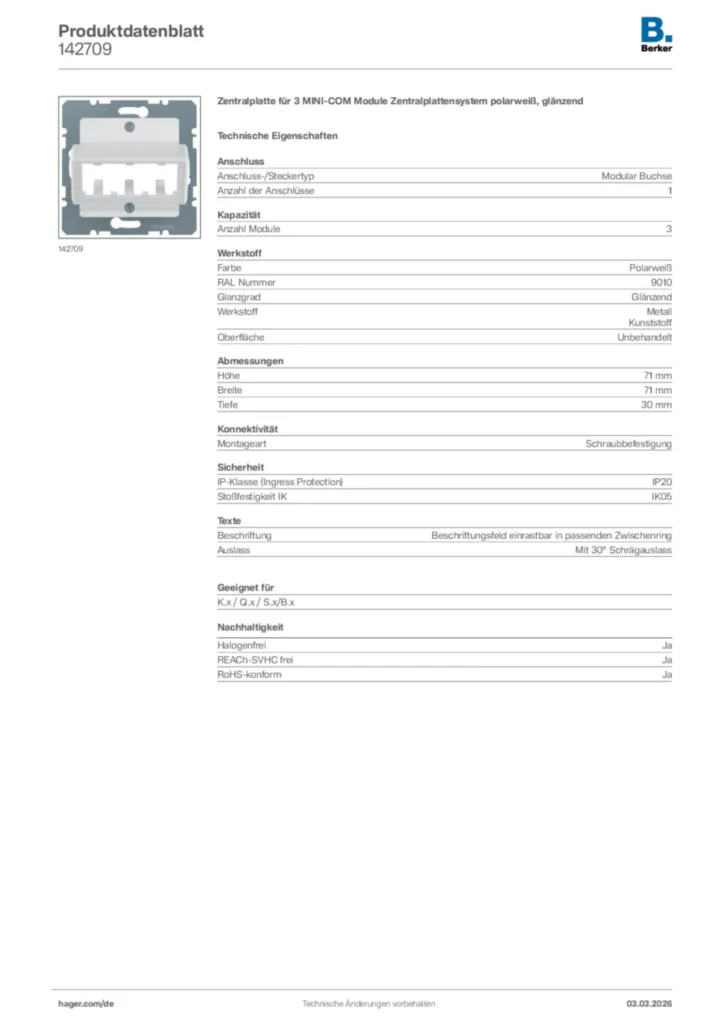 Bild Berker Produktdatenblatt 142709 | Hager Deutschland