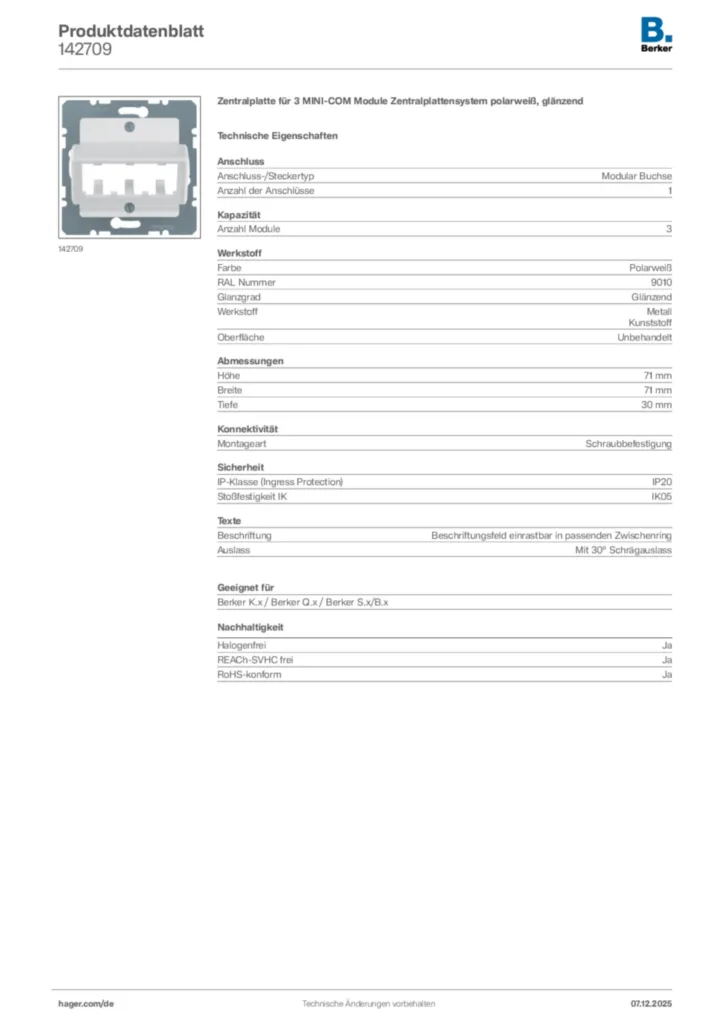 Berker Produktdatenblatt 142709