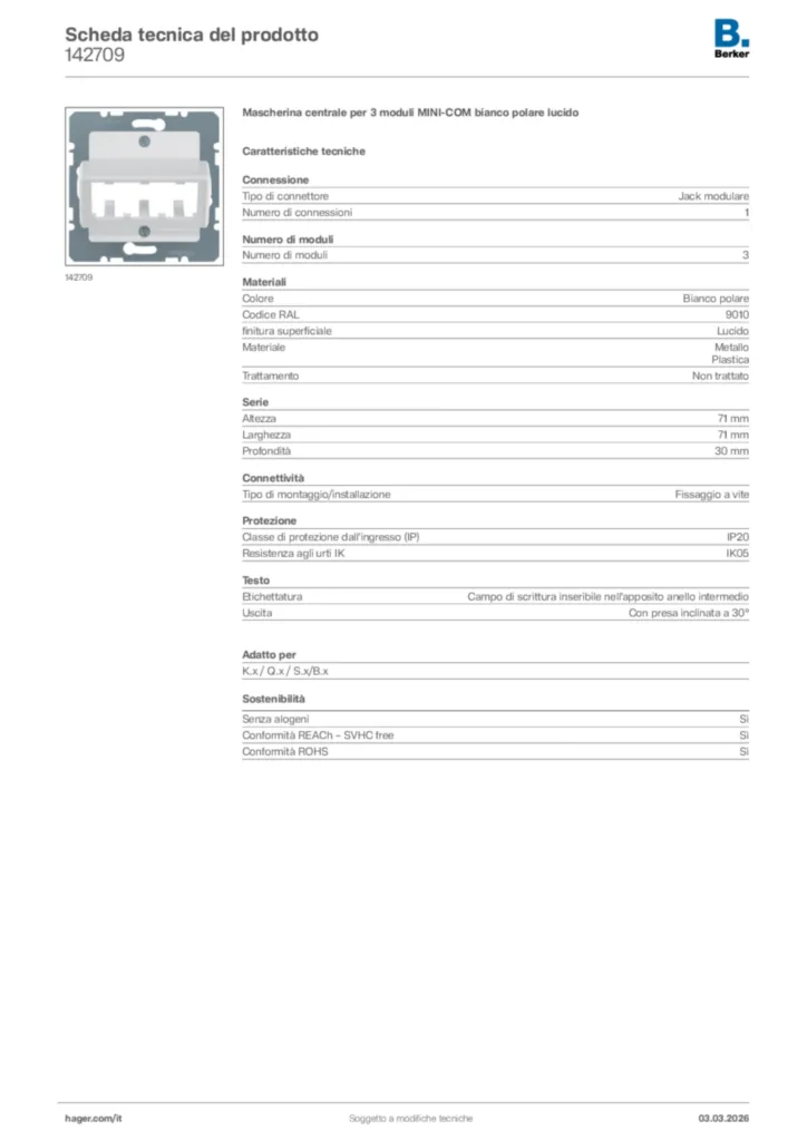 Immagine Berker Scheda tecnica del prodotto 142709 | Hager Italia