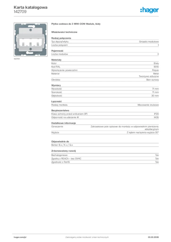 Zdjęcie Hager Karta katalogowa 142709 | Hager Polska