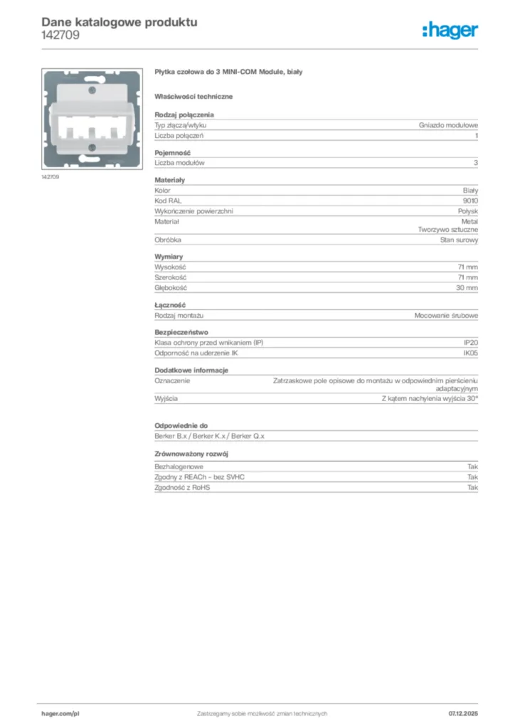 Zdjęcie Hager Karta katalogowa 142709 | Hager Polska