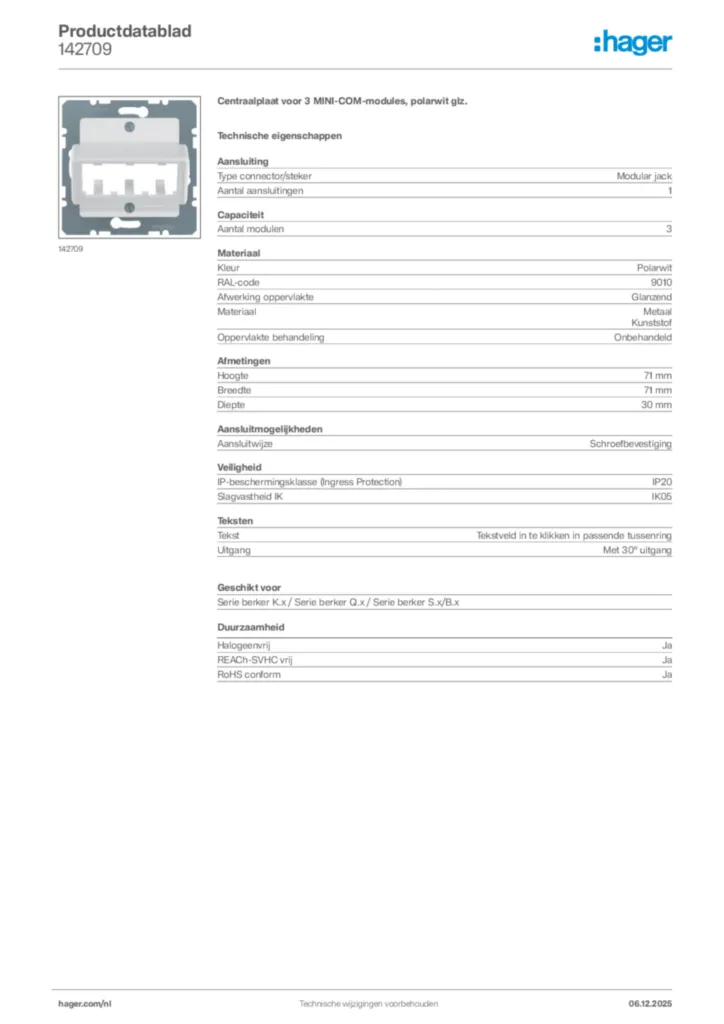 Afbeelding Hager Productdatablad 142709 | Hager Nederland