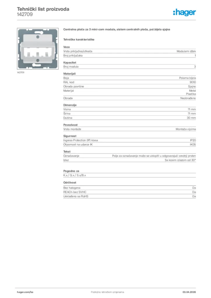 Slika Hager Tehnički list proizvoda 142709  | Hager