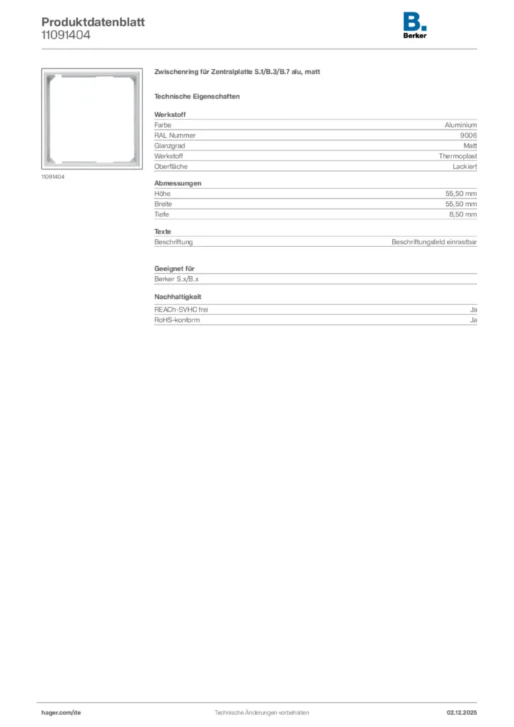 Bild Berker Produktdatenblatt 11091404 | Hager Deutschland