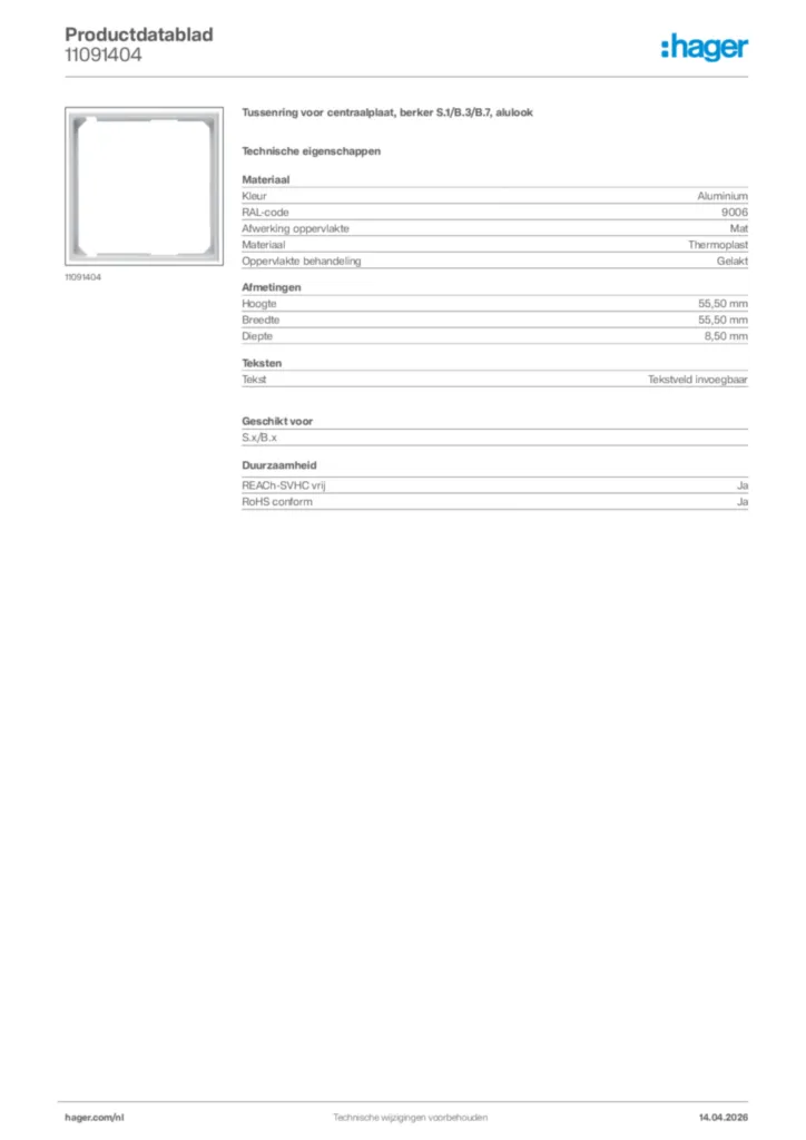 Afbeelding Hager Productdatablad 11091404 | Hager Nederland