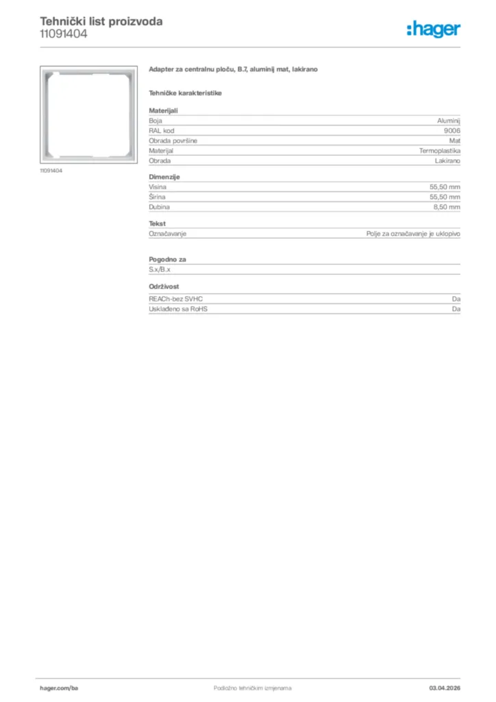 Slika Hager Tehnički list proizvoda 11091404  | Hager