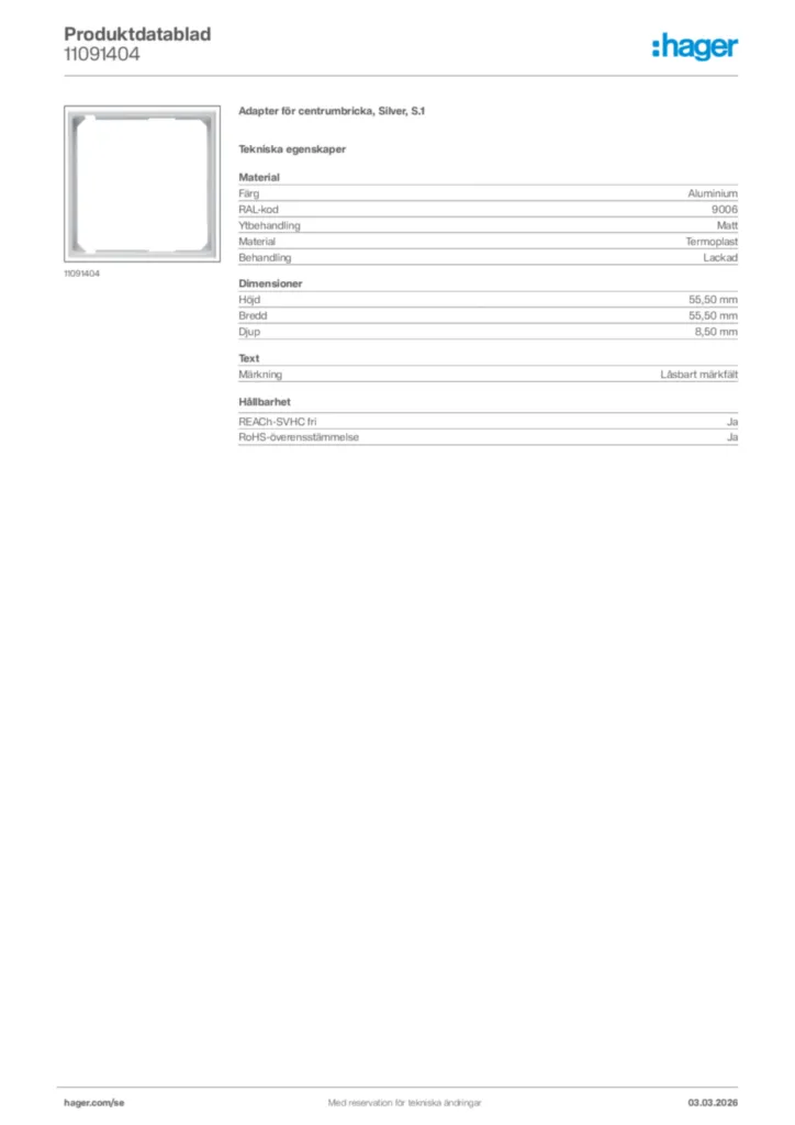 Bild Hager Produktdatablad 11091404 | Hager Sverige
