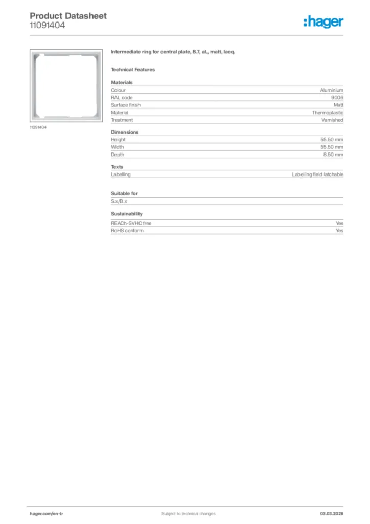 Image Hager Product data sheet 11091404  | Hager