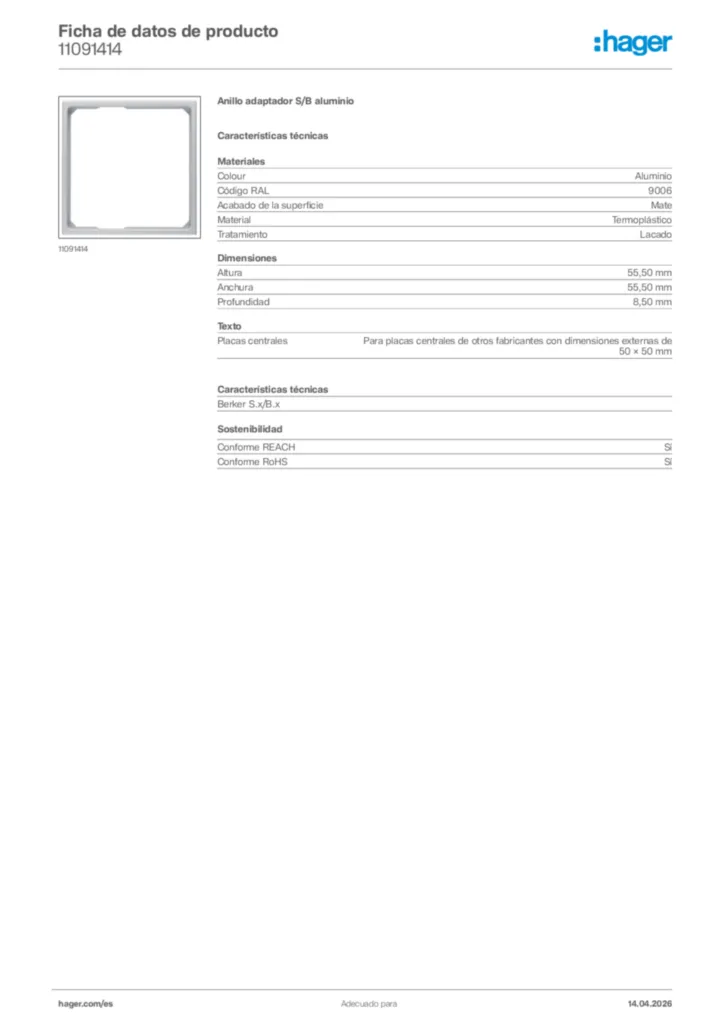 Imagen Hager Ficha de datos de producto 11091414 | Hager España